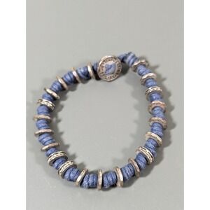 Retro Fossil Blue Cord Silver Tone Toggle Bracelet Y2K Boho 7"